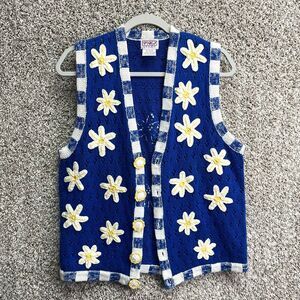 PBJ Sport Vest Women’s Small Blue Floral Embroidered Crochet Knit Vintage